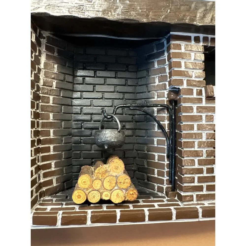 Miniature Dollhouse Resin Brick Hearth Cooking Fireplace Colonial Kettle Wood